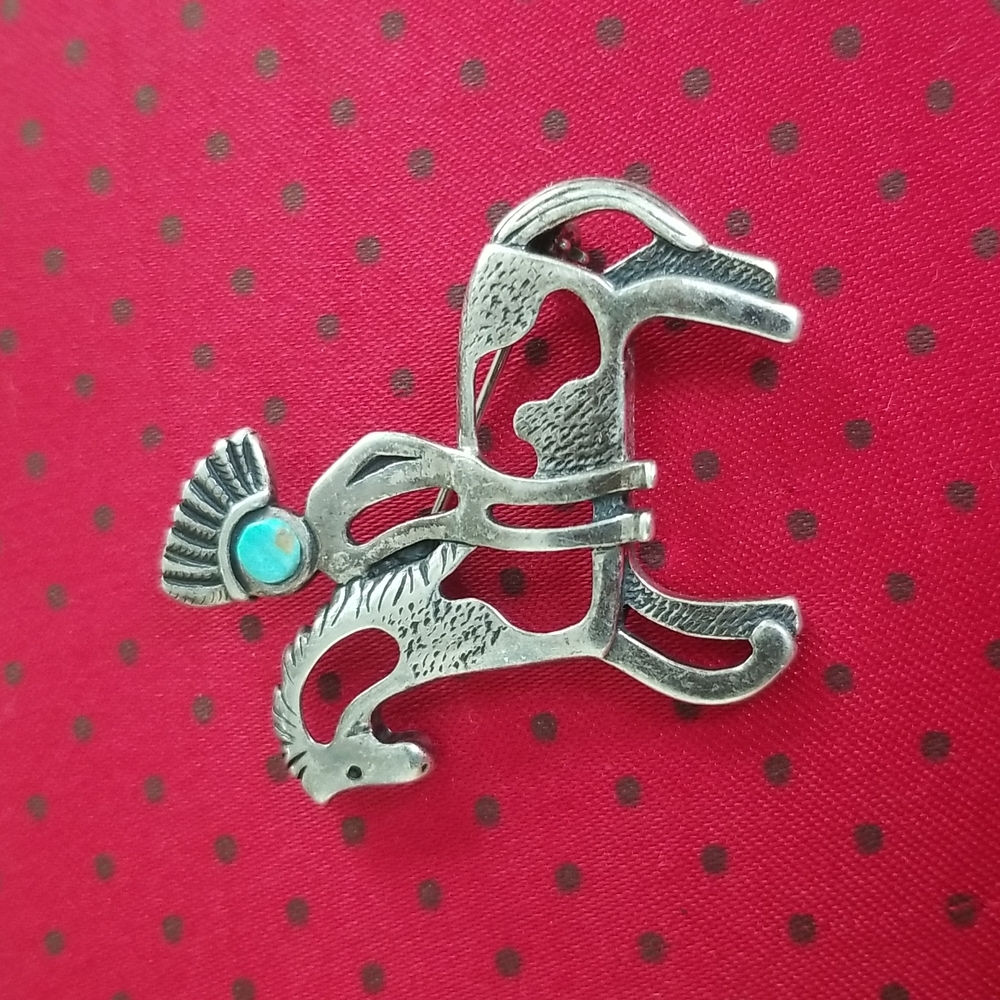 Vintage Carol Pollack Sterling Silver & Turquoise Brooch